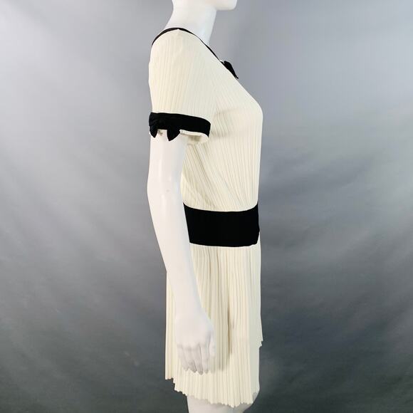 Cream Black Viscose Blend Ribbed Contrast Trim Drop Waist Bow Cocktail Dress - Picture 4 of 7